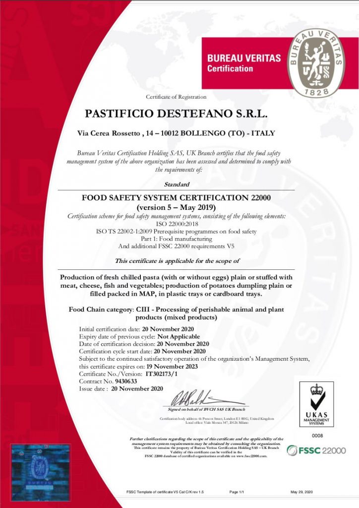 ISO 22000 FSSC - Pastificio Destefano